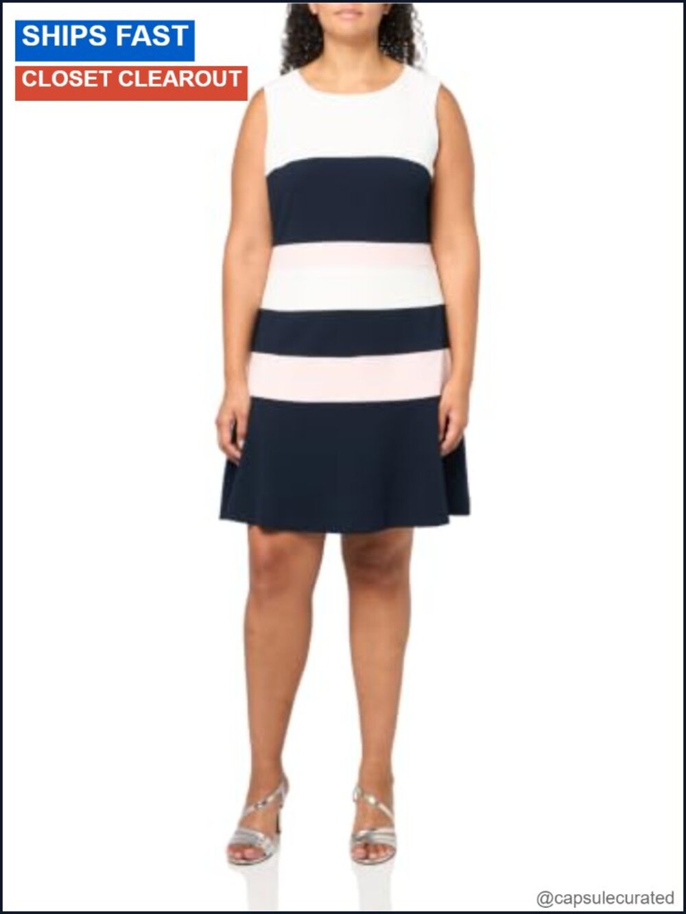 Sleeveless Jewel Neck Colorblock Stripe Crepe A-line Mini Dress